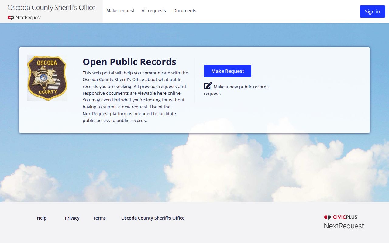 Oscoda County Sheriff booking record request portal