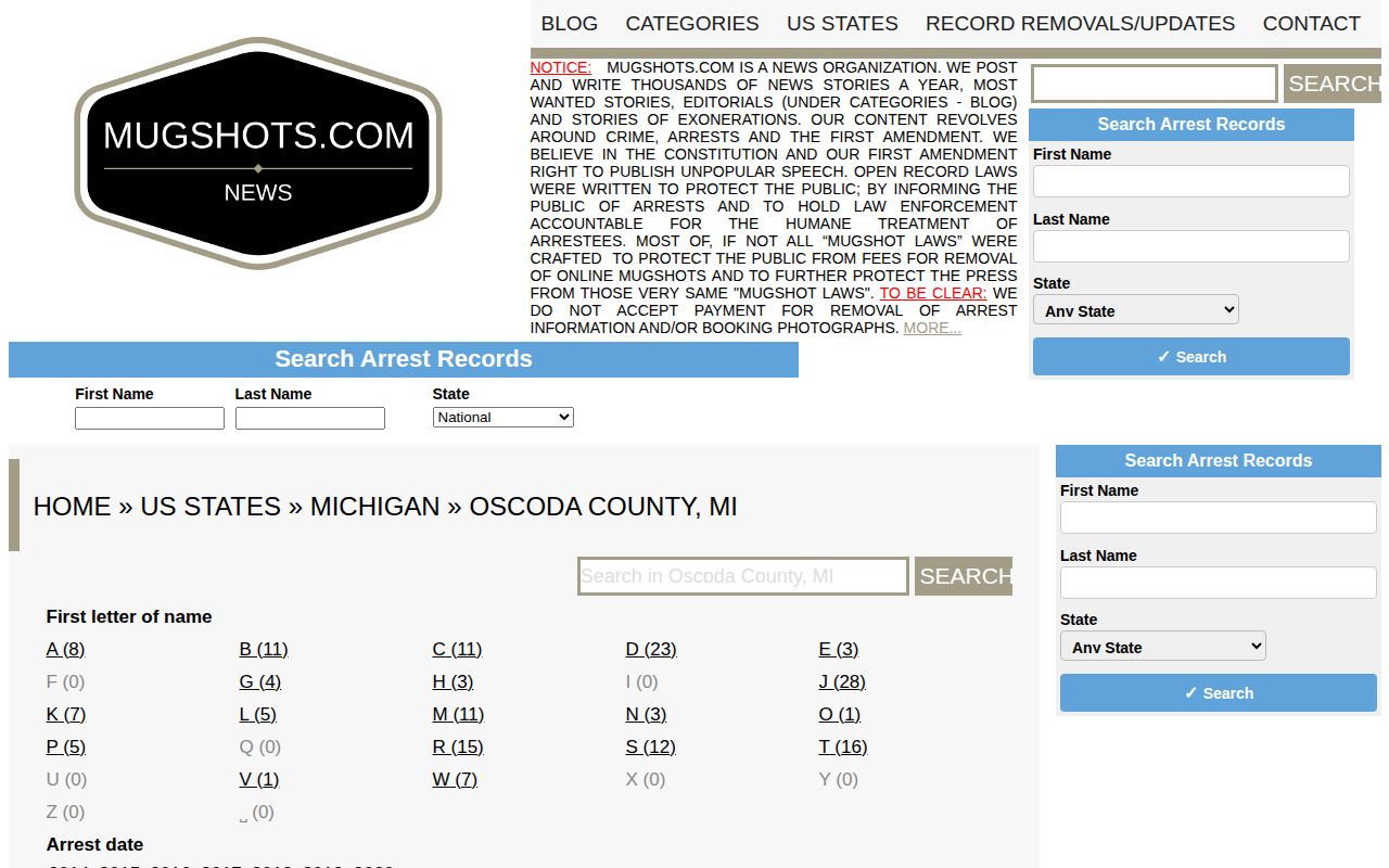 Oscoda County historical mugshot-record index with Mio search labels